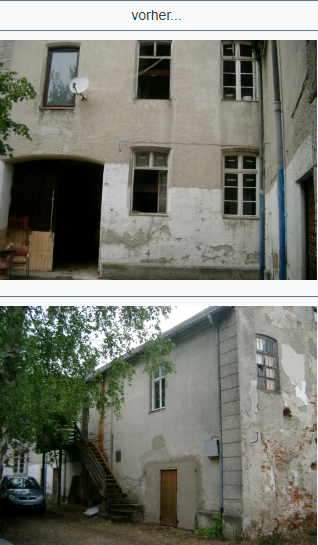 Sanierungsobjekt vorher – verwitterte Fassade im Innenhof